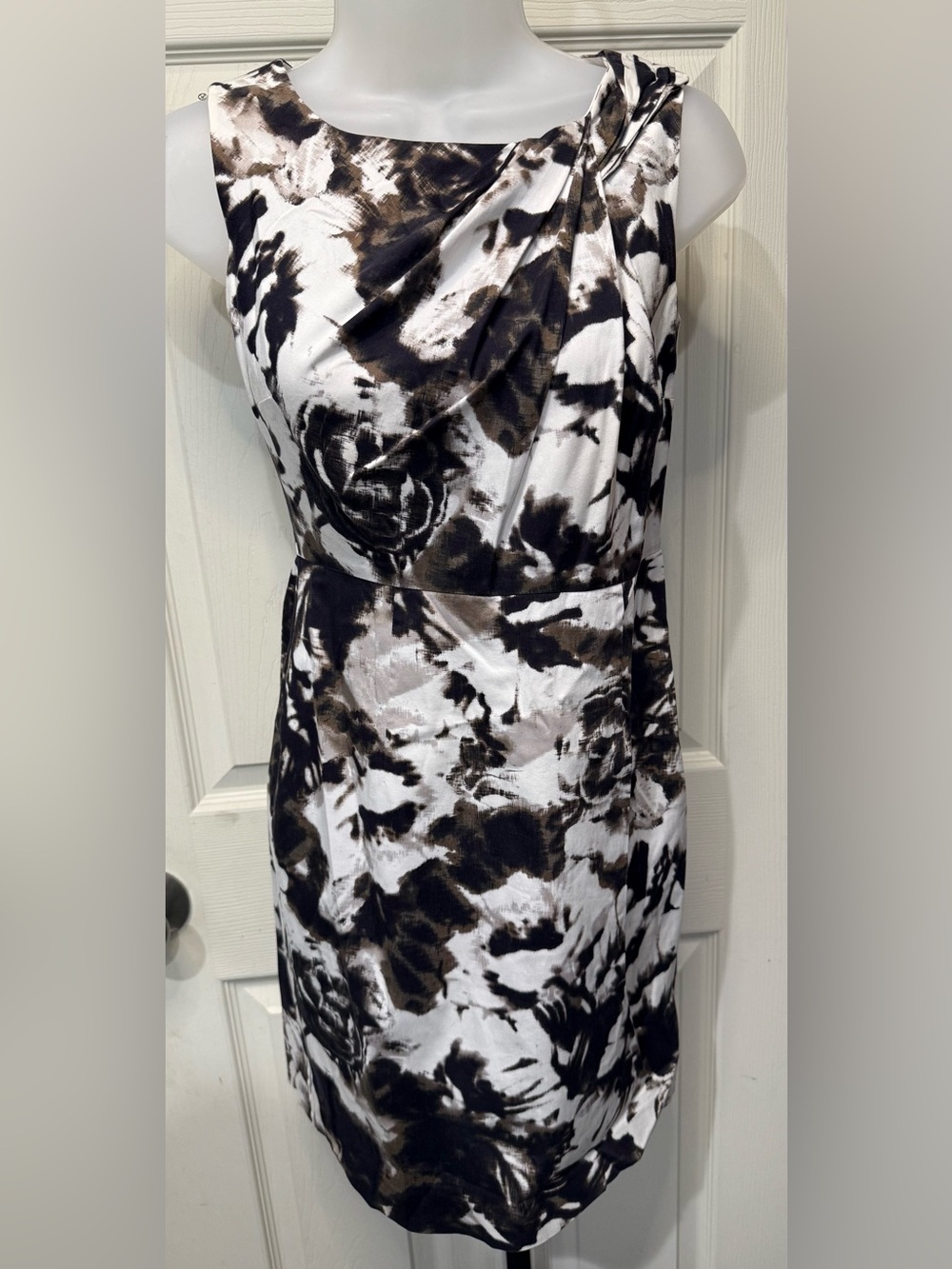 Ann Taylor Black, White and Brown Abstract Floral-Effect Midi Sheath Dress